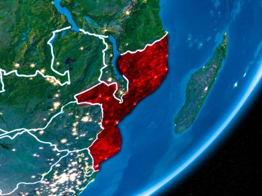Mozambik kırmızı Planet Earth görünür sınır çizgileri ve şehir ışıkları ile gece. 3D çizim. Nasa tarafından döşenmiş bu görüntü unsurları.