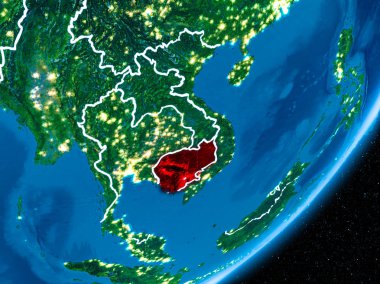 Kamboçya'da red Planet Earth görünür sınır çizgileri ve şehir ışıkları ile gece. 3D çizim. Nasa tarafından döşenmiş bu görüntü unsurları.