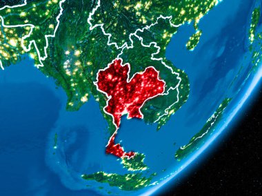 Tayland Kırmızı Planet Earth görünür sınır çizgileri ve şehir ışıkları ile gece. 3D çizim. Nasa tarafından döşenmiş bu görüntü unsurları.