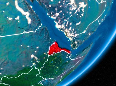 Eritre kırmızı Planet Earth görünür sınır çizgileri ve şehir ışıkları ile gece. 3D çizim. Nasa tarafından döşenmiş bu görüntü unsurları.