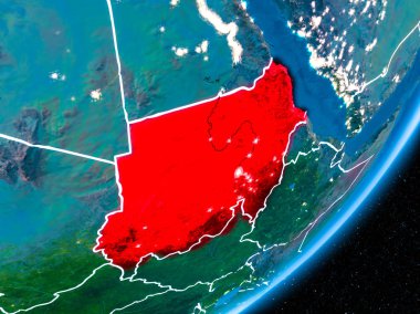 Red Planet Earth görünür sınır çizgileri ve şehir ışıkları ile gece Sudan'da. 3D çizim. Nasa tarafından döşenmiş bu görüntü unsurları.