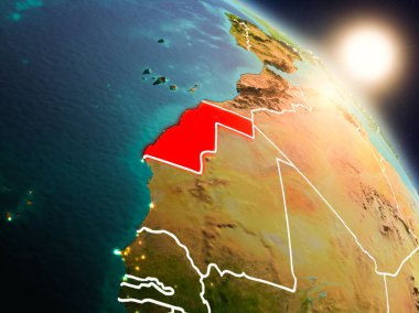 Günbatımı Batı Sahra Planet Earth görünür ülke sınırları ile uzaydan yukarıda. 3D çizim. Nasa tarafından döşenmiş bu görüntü unsurları.