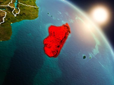 Günbatımı Madagaskar Planet Earth görünür ülke sınırları ile uzaydan yukarıda. 3D çizim. Nasa tarafından döşenmiş bu görüntü unsurları.