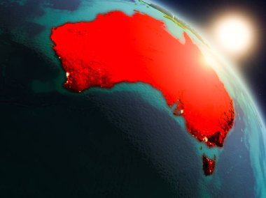 Günbatımı Avustralya Planet Earth görünür ülke sınırları ile uzaydan yukarıda. 3D çizim. Nasa tarafından döşenmiş bu görüntü unsurları.
