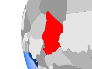 Chad kırmızı şeffaf okyanuslar ile siyasi dünya üzerinde. 3D çizim.