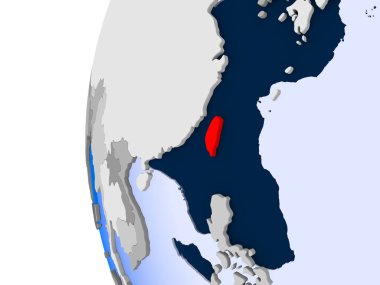 Tayvan kırmızı şeffaf okyanuslar ile siyasi dünya üzerinde. 3D çizim.