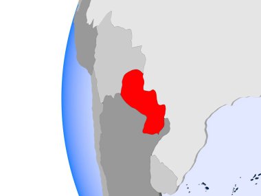 Paraguay kırmızı şeffaf okyanuslar ile siyasi dünya üzerinde. 3D çizim.