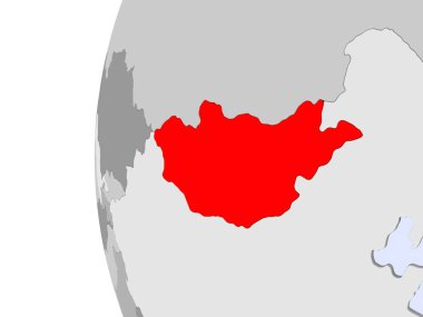 Moğolistan kırmızı şeffaf okyanuslar ile siyasi dünya üzerinde. 3D çizim.