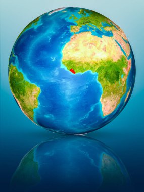 Liberya kırmızı yansıtıcı mavi yüzeyi Dünya gezegeninin modeli. 3D çizim. Nasa tarafından döşenmiş bu görüntü unsurları.