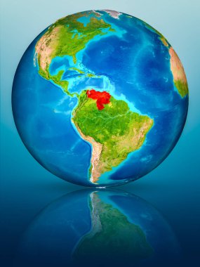 Venezuela kırmızı yansıtıcı mavi yüzeyi Dünya gezegeninin modeli. 3D çizim. Nasa tarafından döşenmiş bu görüntü unsurları.