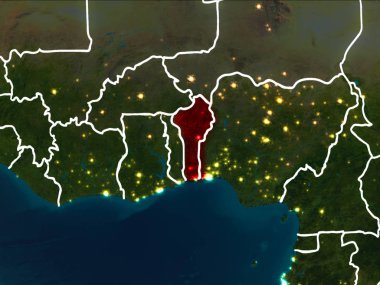 Benin Dünya yörüngesine kırmızıdan görünür ülke sınırları ile gece vurgulanmış. 3D çizim. Nasa tarafından döşenmiş bu görüntü unsurları.