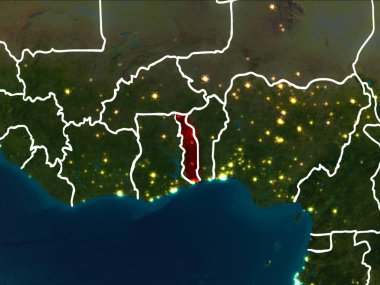 Togo Dünya yörüngesine kırmızıdan görünür ülke sınırları ile gece vurgulanmış. 3D çizim. Nasa tarafından döşenmiş bu görüntü unsurları.