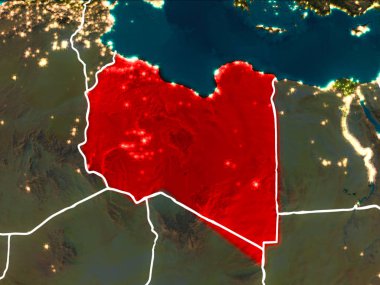 Libya Dünya yörüngesine kırmızıdan görünür ülke sınırları ile gece vurgulanmış. 3D çizim. Nasa tarafından döşenmiş bu görüntü unsurları.