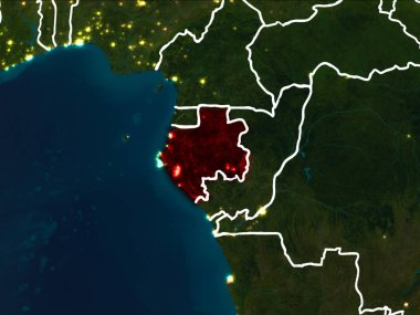 Gabon Dünya yörüngesine kırmızıdan görünür ülke sınırları ile gece vurgulanmış. 3D çizim. Nasa tarafından döşenmiş bu görüntü unsurları.