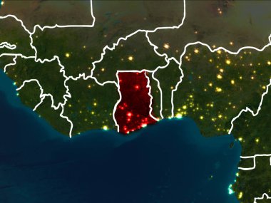 Gana Dünya yörüngesine kırmızıdan görünür ülke sınırları ile gece vurgulanmış. 3D çizim. Nasa tarafından döşenmiş bu görüntü unsurları.