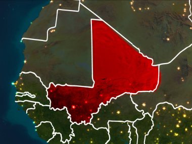 Mali Dünya yörüngesine kırmızıdan görünür ülke sınırları ile gece vurgulanmış. 3D çizim. Nasa tarafından döşenmiş bu görüntü unsurları.