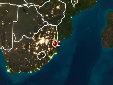 Svaziland Dünya yörüngesine kırmızıdan görünür ülke sınırları ile gece vurgulanmış. 3D çizim. Nasa tarafından döşenmiş bu görüntü unsurları.