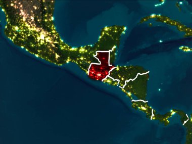 Guatemala Dünya yörüngesine kırmızıdan görünür ülke sınırları ile gece vurgulanmış. 3D çizim. Nasa tarafından döşenmiş bu görüntü unsurları.