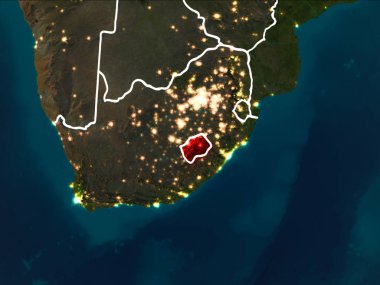 Lesotho Dünya yörüngesine kırmızıdan görünür ülke sınırları ile gece vurgulanmış. 3D çizim. Nasa tarafından döşenmiş bu görüntü unsurları.