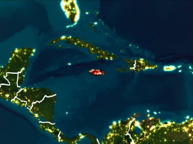 Jamaika Dünya yörüngesine kırmızıdan görünür ülke sınırları ile gece vurgulanmış. 3D çizim. Nasa tarafından döşenmiş bu görüntü unsurları.