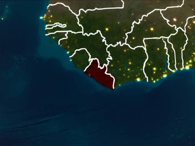 Liberya Dünya yörüngesine kırmızıdan görünür ülke sınırları ile gece vurgulanmış. 3D çizim. Nasa tarafından döşenmiş bu görüntü unsurları.