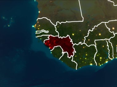 Gine Dünya yörüngesine kırmızıdan görünür ülke sınırları ile gece vurgulanmış. 3D çizim. Nasa tarafından döşenmiş bu görüntü unsurları.