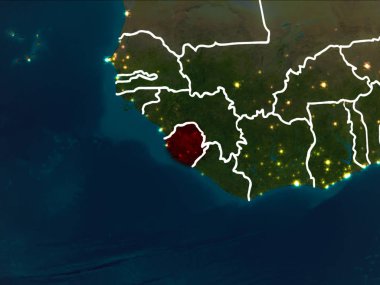 Sierra Leone Dünya yörüngesine kırmızıdan görünür ülke sınırları ile gece vurgulanmış. 3D çizim. Nasa tarafından döşenmiş bu görüntü unsurları.