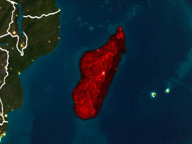 Madagaskar Dünya yörüngesine kırmızıdan görünür ülke sınırları ile gece vurgulanmış. 3D çizim. Nasa tarafından döşenmiş bu görüntü unsurları.