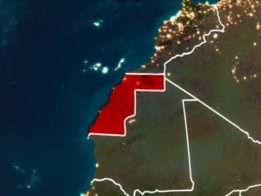 Batı Sahra Dünya yörüngesine kırmızıdan görünür ülke sınırları ile gece vurgulanmış. 3D çizim. Nasa tarafından döşenmiş bu görüntü unsurları.