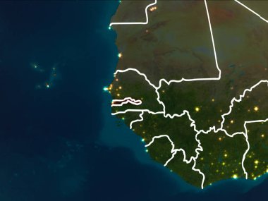 Gambiya Dünya yörüngesine kırmızıdan görünür ülke sınırları ile gece vurgulanmış. 3D çizim. Nasa tarafından döşenmiş bu görüntü unsurları.