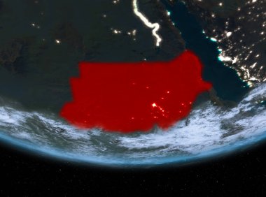 Sudan gece red Planet Earth bulutlar ile vurgulanır. 3D çizim. Nasa tarafından döşenmiş bu görüntü unsurları.