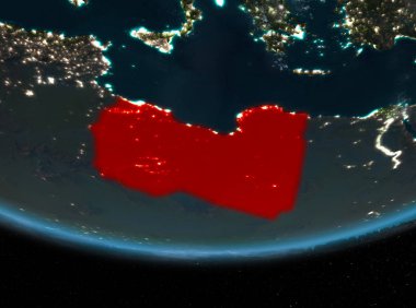 Libya gece red Planet Earth bulutlar ile vurgulanır. 3D çizim. Nasa tarafından döşenmiş bu görüntü unsurları.