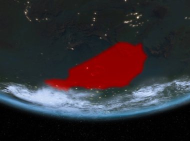 Nijer gece red Planet Earth bulutlar ile vurgulanır. 3D çizim. Nasa tarafından döşenmiş bu görüntü unsurları.