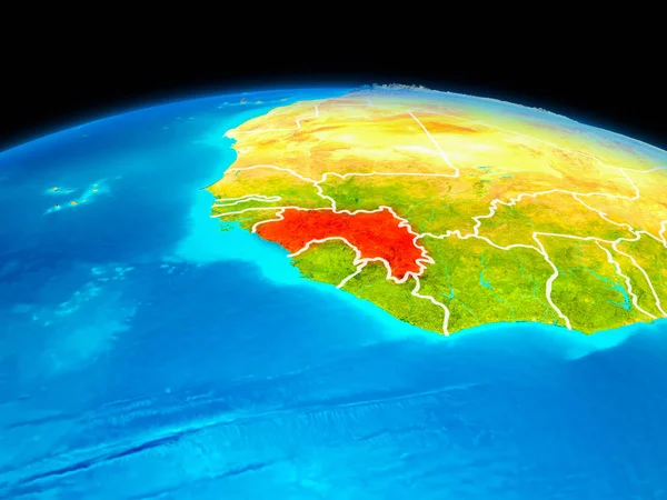 Satellite view of Guinea highlighted in red on planet Earth with borderlines. 3D illustration. Elements of this image furnished by NASA.