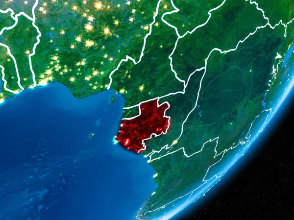 Gabon kırmızı Planet Earth görünür sınır çizgileri ve şehir ışıkları ile gece. 3D çizim. Nasa tarafından döşenmiş bu görüntü unsurları.