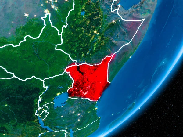 Kenya kırmızı Planet Earth görünür sınır çizgileri ve şehir ışıkları ile gece. 3D çizim. Nasa tarafından döşenmiş bu görüntü unsurları.