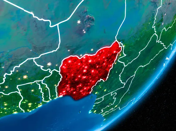 Red Planet Earth görünür sınır çizgileri ve şehir ışıkları ile gece içinde Nigeria. 3D çizim. Nasa tarafından döşenmiş bu görüntü unsurları.