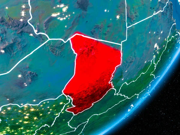 Chad kırmızı Planet Earth görünür sınır çizgileri ve şehir ışıkları ile gece. 3D çizim. Nasa tarafından döşenmiş bu görüntü unsurları.