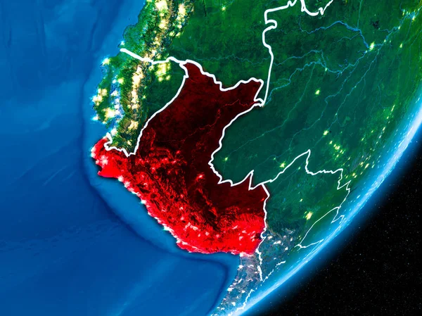 Peru kırmızı Planet Earth görünür sınır çizgileri ve şehir ışıkları ile gece. 3D çizim. Nasa tarafından döşenmiş bu görüntü unsurları.