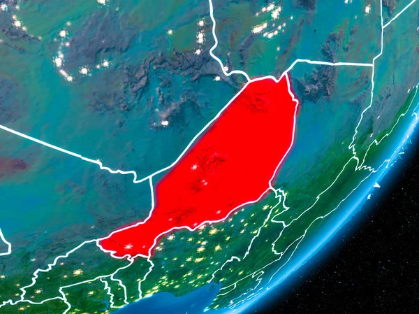 Nijer kırmızı Planet Earth görünür sınır çizgileri ve şehir ışıkları ile gece. 3D çizim. Nasa tarafından döşenmiş bu görüntü unsurları.