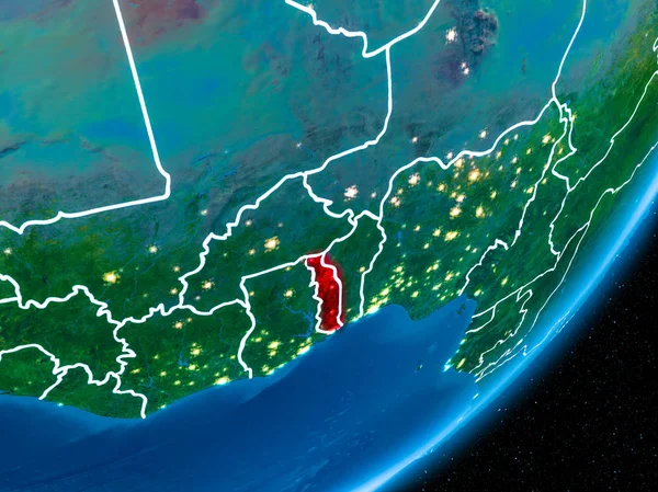 Togo kırmızı Planet Earth görünür sınır çizgileri ve şehir ışıkları ile gece. 3D çizim. Nasa tarafından döşenmiş bu görüntü unsurları.