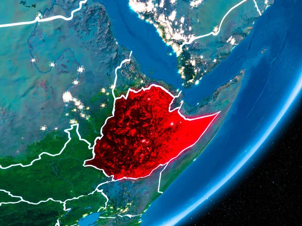 Red Planet Earth görünür sınır çizgileri ve şehir ışıkları ile gece Etiyopya'da. 3D çizim. Nasa tarafından döşenmiş bu görüntü unsurları.