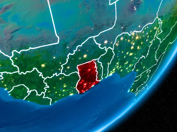Gana kırmızı Planet Earth görünür sınır çizgileri ve şehir ışıkları ile gece. 3D çizim. Nasa tarafından döşenmiş bu görüntü unsurları.