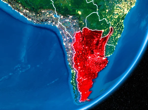 Red Planet Earth görünür sınır çizgileri ve şehir ışıkları ile gece Arjantin'de. 3D çizim. Nasa tarafından döşenmiş bu görüntü unsurları.