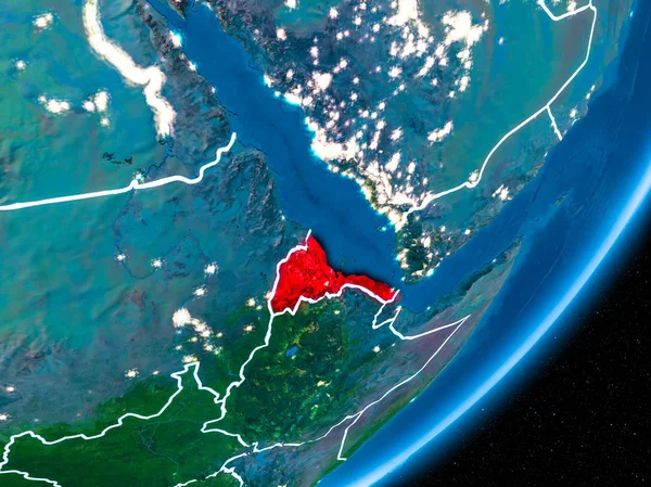 Eritre kırmızı Planet Earth görünür sınır çizgileri ve şehir ışıkları ile gece. 3D çizim. Nasa tarafından döşenmiş bu görüntü unsurları.