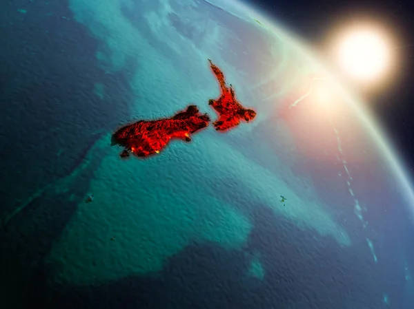 Puesta Sol Sobre Nueva Zelanda Desde Espacio Planeta Tierra Con — Foto de Stock