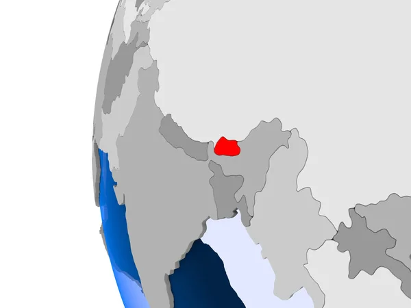 Bhútán Červené Barvě Politické Zeměkoule Transparentní Oceány Obrázek — Stock fotografie