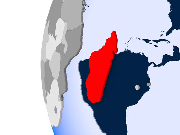 马达加斯加以红色在政治地球与透明的海洋 — 图库照片