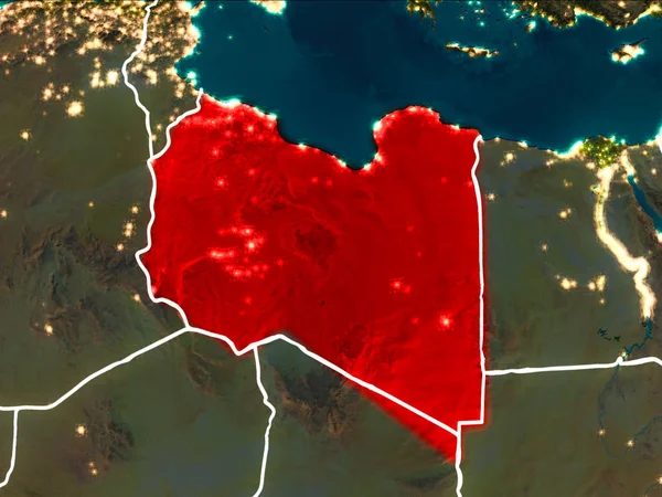Libya Dünya yörüngesine kırmızıdan görünür ülke sınırları ile gece vurgulanmış. 3D çizim. Nasa tarafından döşenmiş bu görüntü unsurları.