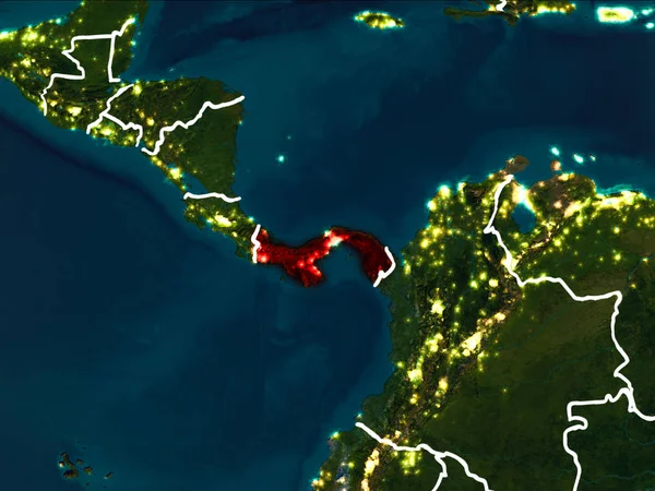 Panama Dünya yörüngesine kırmızıdan görünür ülke sınırları ile gece vurgulanmış. 3D çizim. Nasa tarafından döşenmiş bu görüntü unsurları.